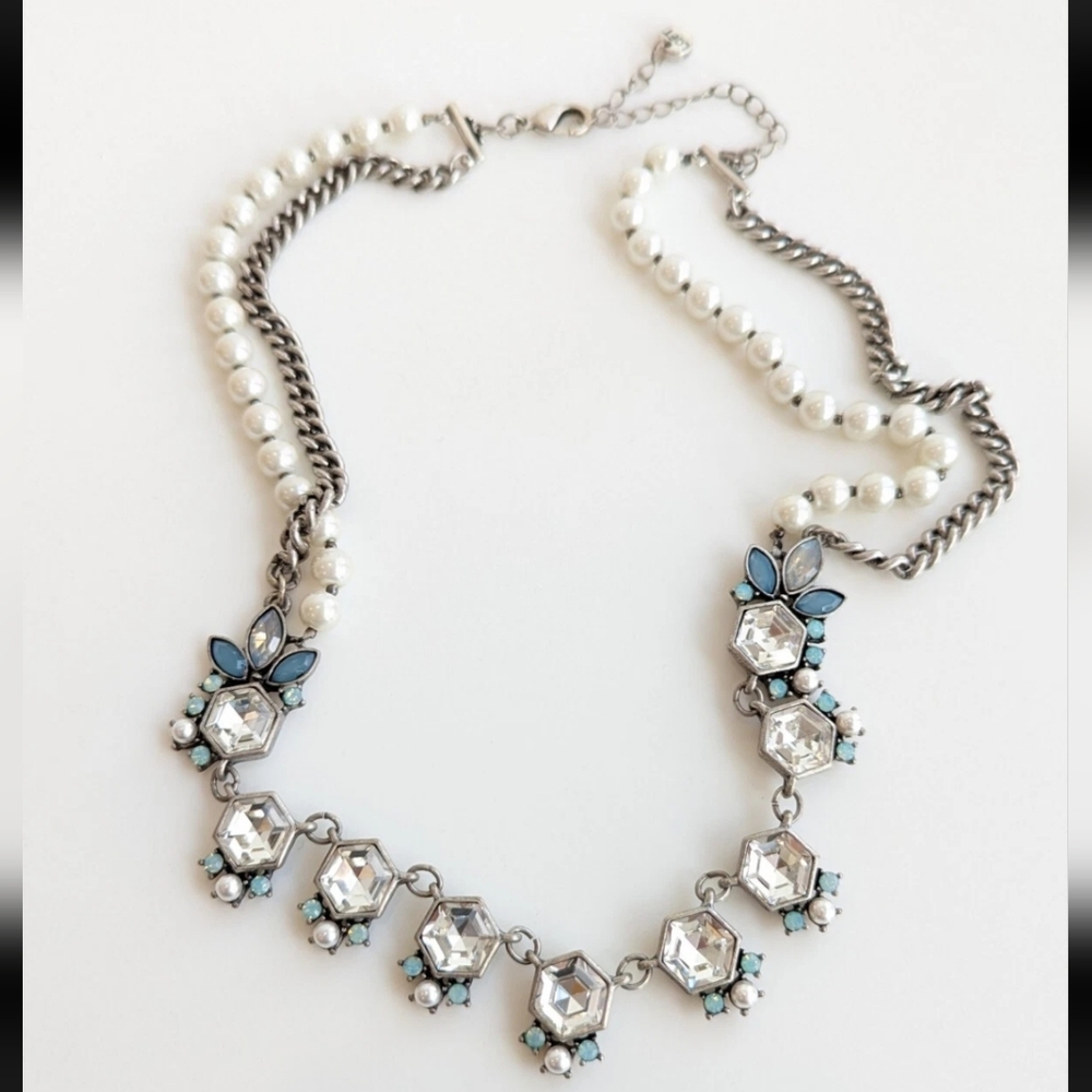 Loft Necklace Art Deco Hexagon Womens 22" Inches Faux Pearls Silver‎ Sparkle